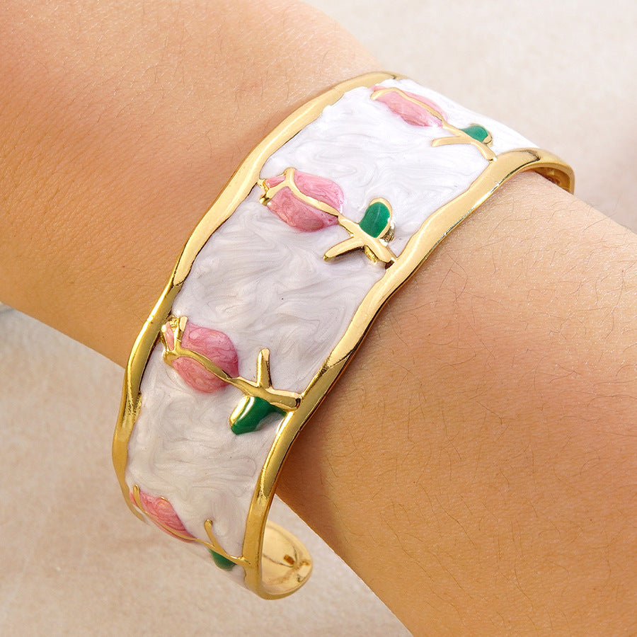 Wholesale Fashion Stainless Steel Tulip Drip Oil Open Bracelet Jewelry Accessory