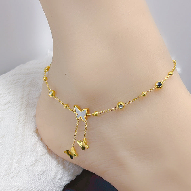 Wholesale Titanium Steel Shell Star Moon Tassel Anklet Double-sided Black and White Zircon Diamond Five-pointed  Anklet