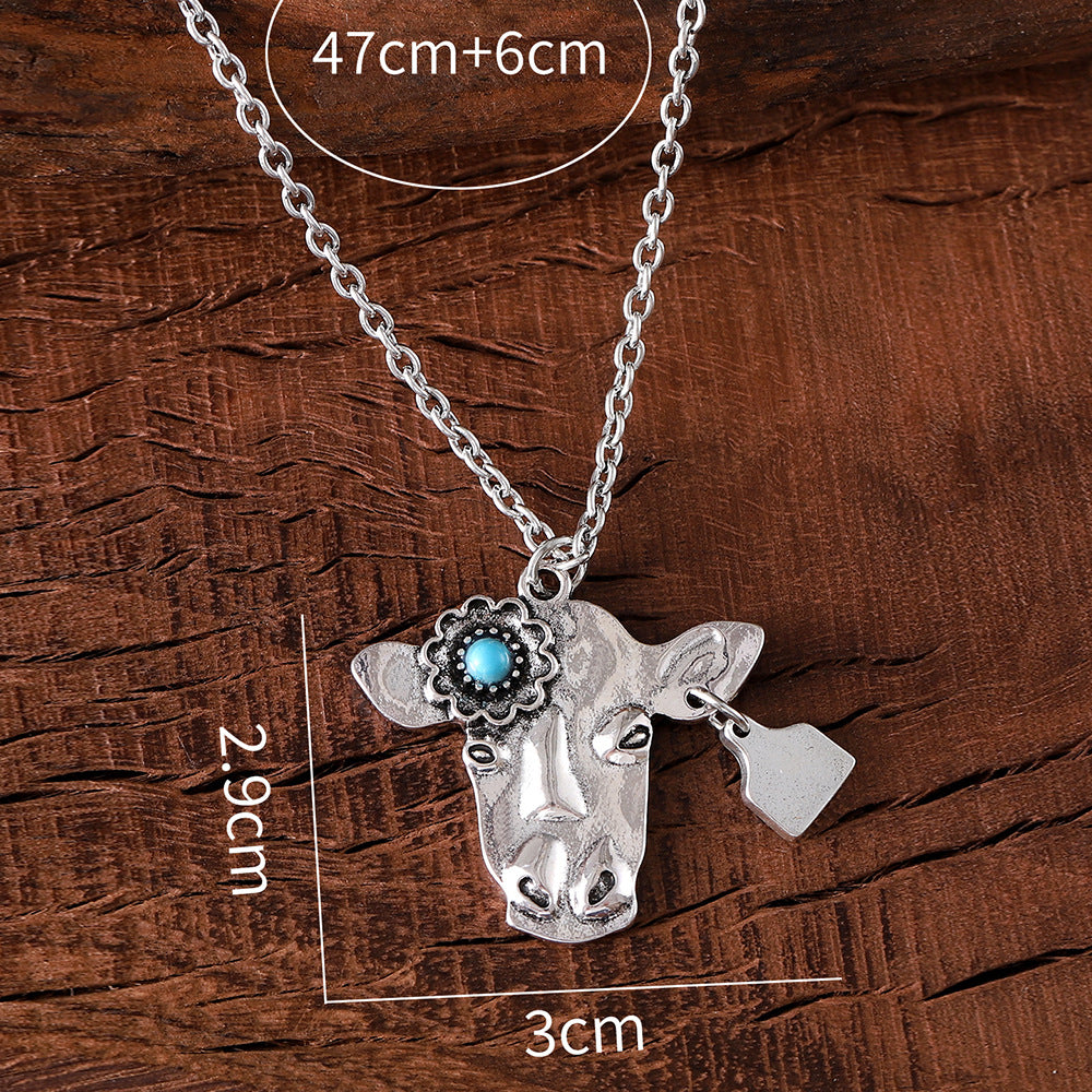 Wholesale  Bohemian Style Inlaid Turquoise Cattle Head Necklace