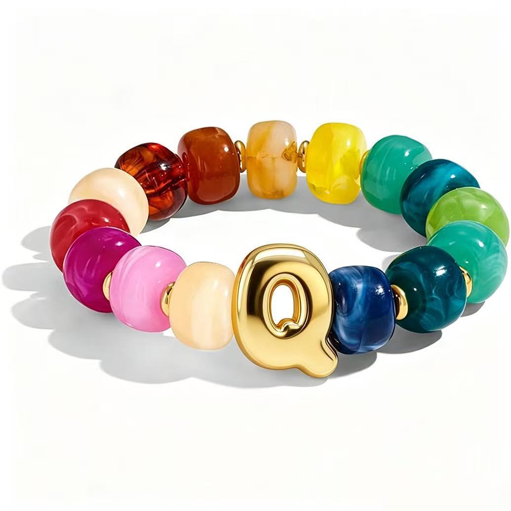 Wholesale 2026 Amazon Cross-Border Colorful Beaded 26 Letter Bracelet for Women,  Resin,  Fashionable and Unique,  High Elasticity Bracelet