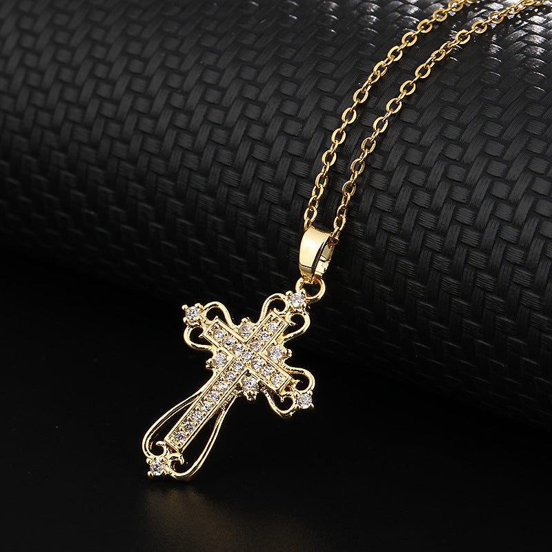 Wholesale Fashion Colorful Zircon Cross Pendant Necklace For Women Trendy Collarbone Chain Jewelry Gift