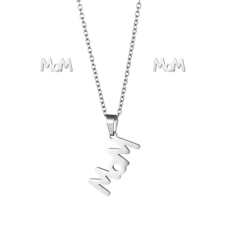 Wholesale MOM Stainless Steel Earrings Necklace Set Mother's Day ACC-ES-MinM024