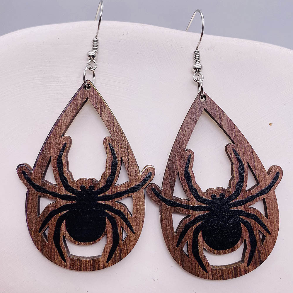 Wholesale Ghost Wooden Earrings Pumpkin Spider Skull Bat Water Drop Wooden Earrings