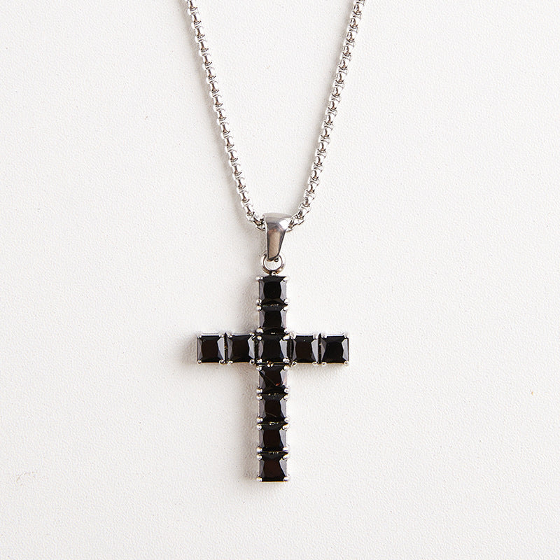 Wholesale Titanium Steel Square Cross Zircon Pendant Necklace
