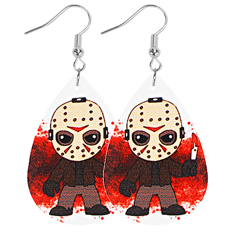 Wholesale Halloween Cute Cartoon Water Drop Shape Leather Earrings for Women Double Sided Printing ACC-ES-Mijun009