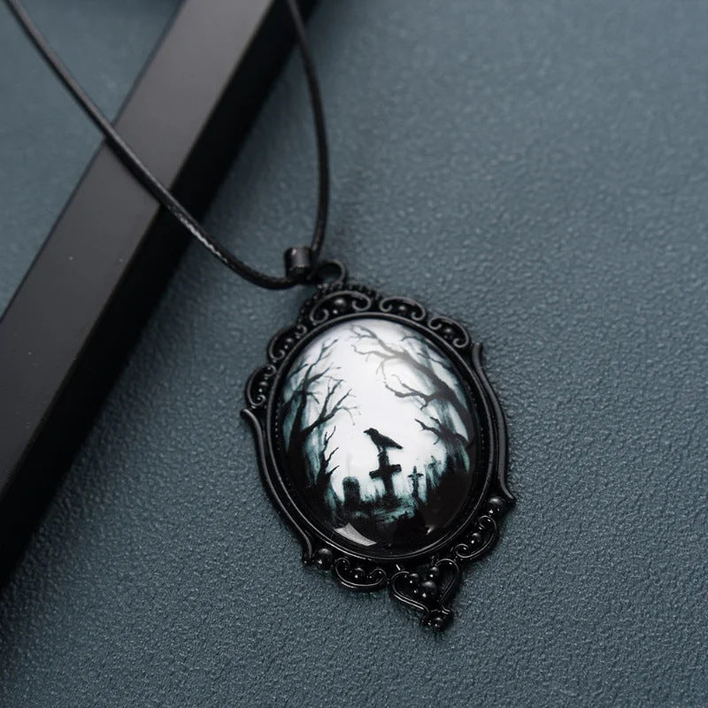 Wholesale Goth Theme Raven Cross Glass Pendant Necklaces ACC-NE-MLR009