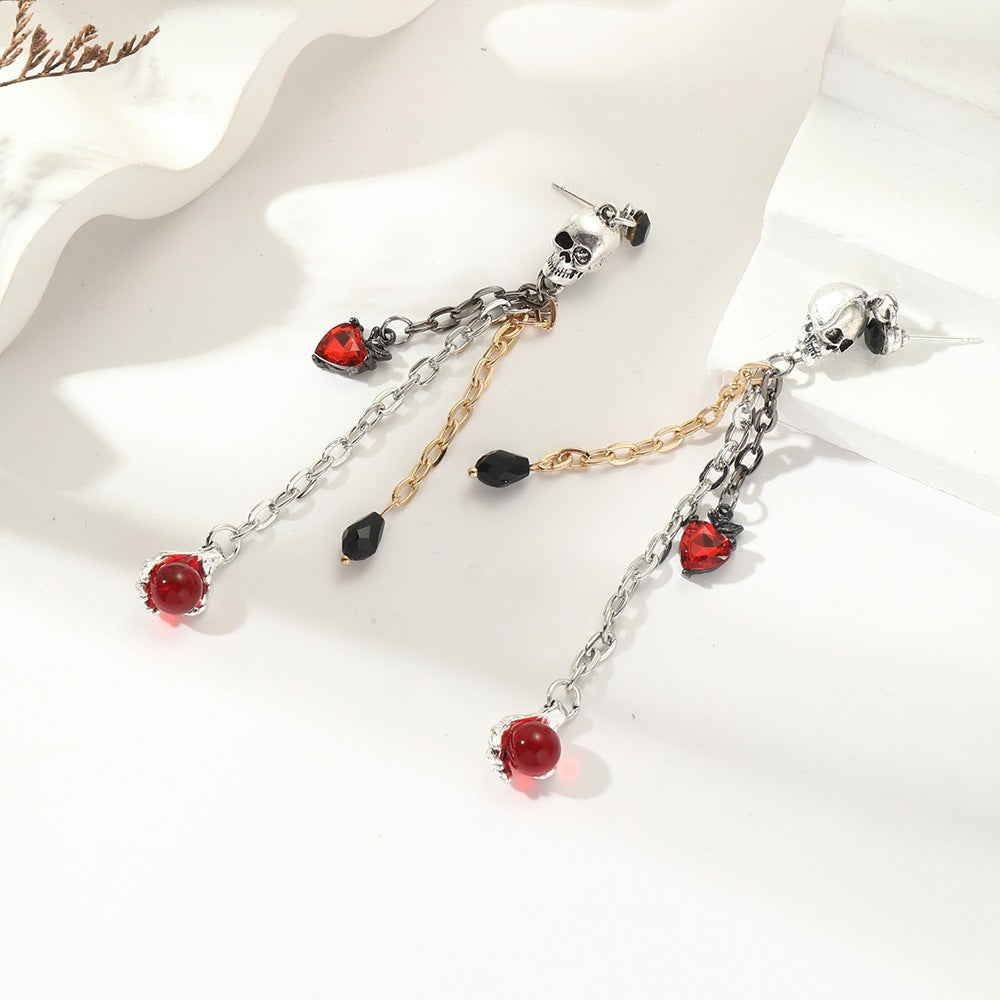 Wholesale Stylish Ancient Silver Zinc Alloy Skull Earrings with Red Heart Gem Tassel Fashion Accessory