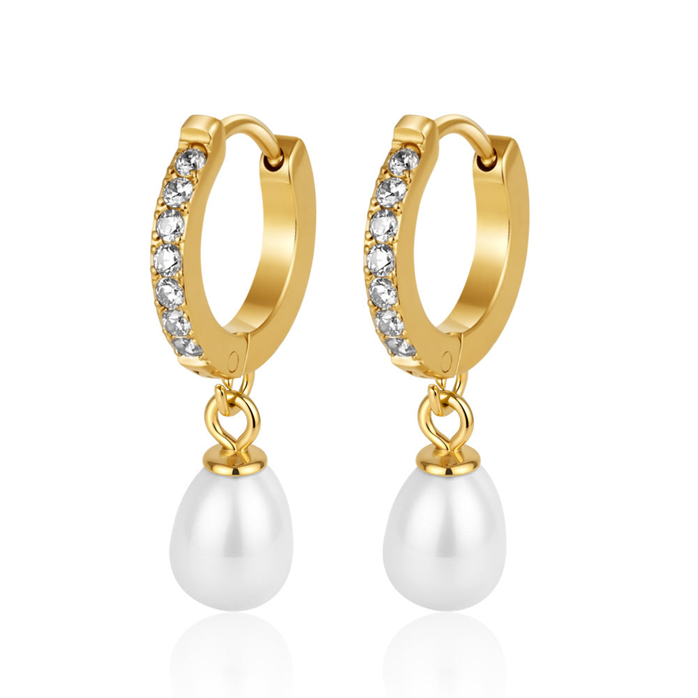 Wholesale Vintage Stainless Steel Pearl Drop Earrings with Rhinestones