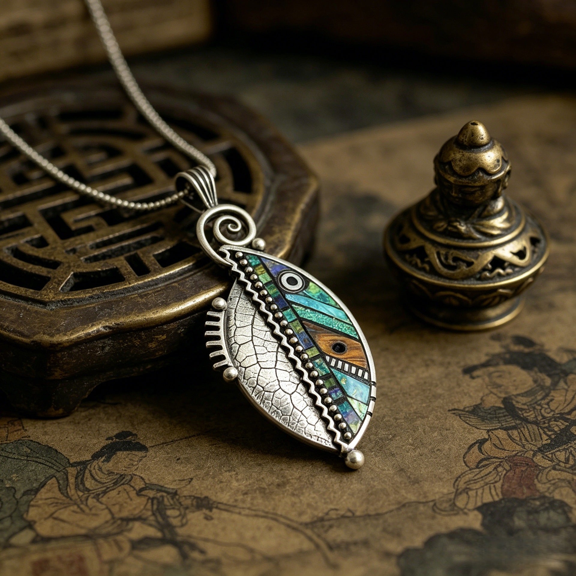 Wholesale Silver Plated Alloy Fashion Necklace With Iridescent Faux Wood Green Leaf Pendant Creative Zigzag Design For Everyday Wear