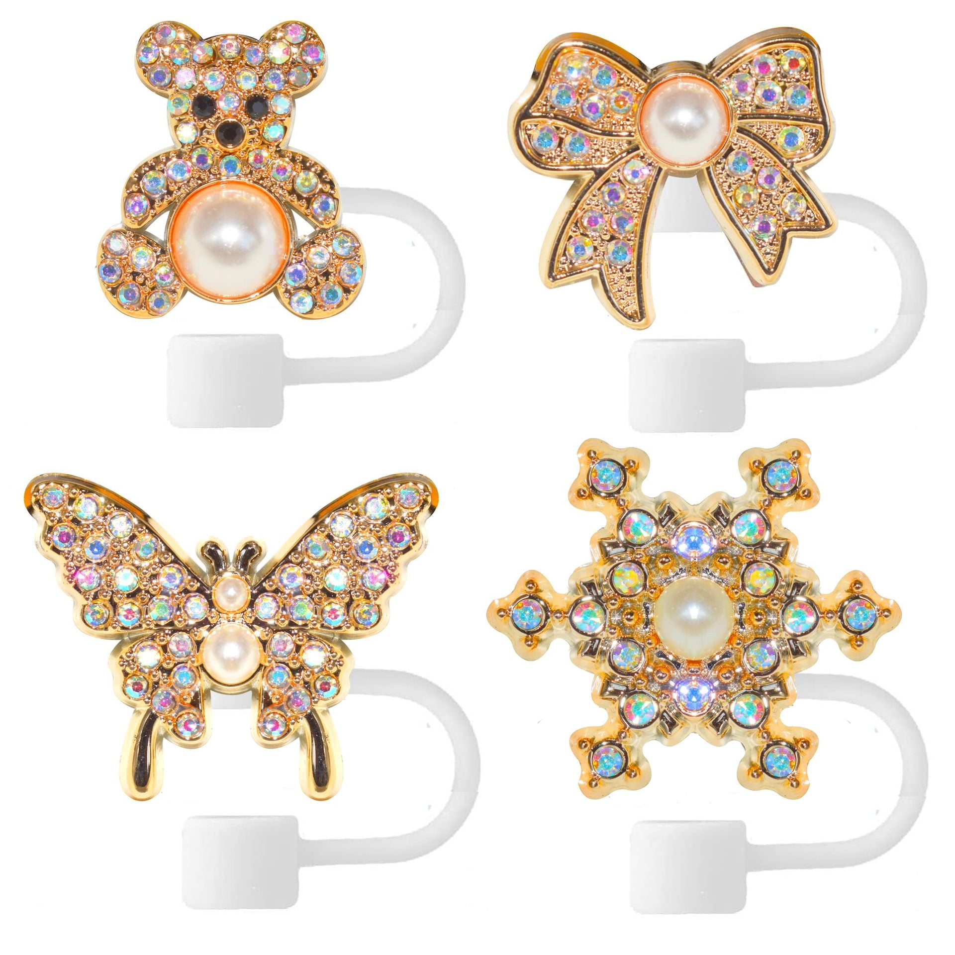 Wholesale Pearl Diamond Snowflake Bow Bear 10mm PVC Soft Straw Tube Cap