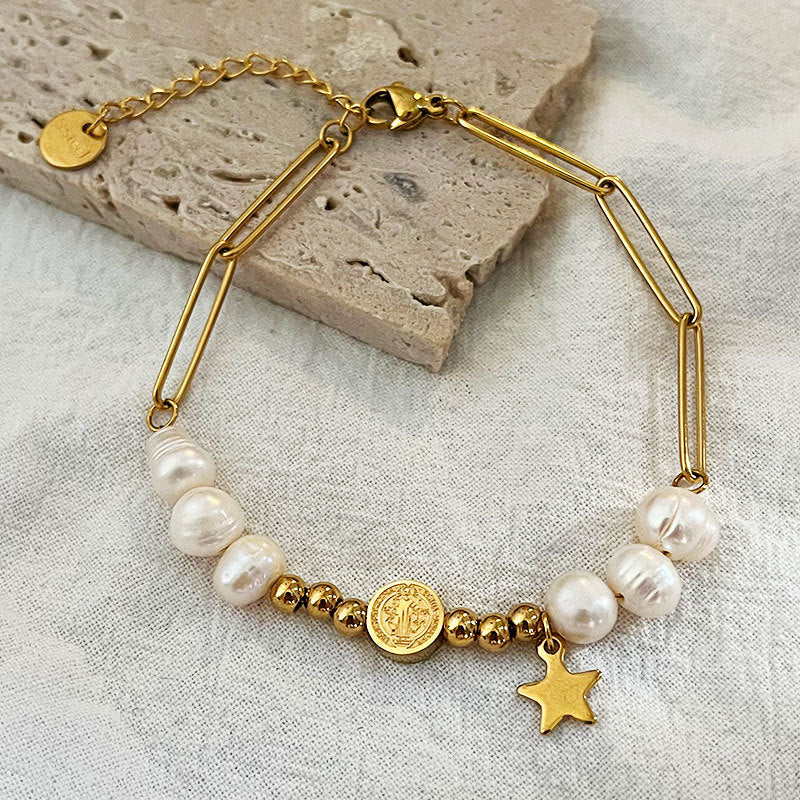 Wholesale stainless steel natural pearl five-pointed bracelet