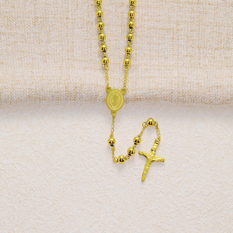 Wholesale  Round Bead Chain Stainless Steel Priest Cross Necklace Jewelry