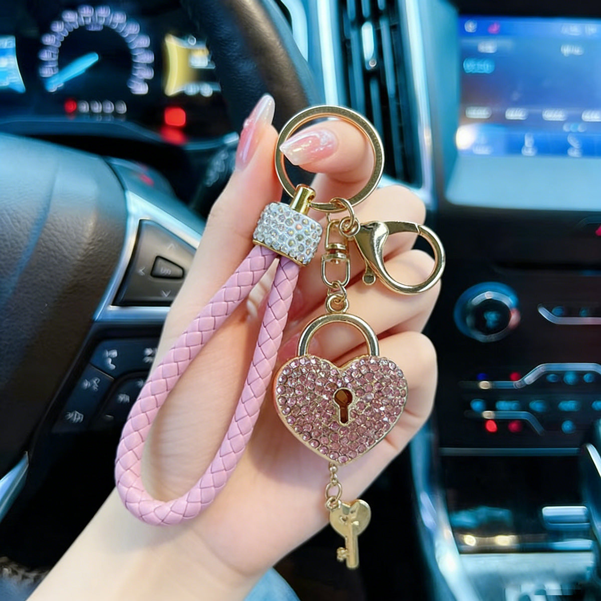 Wholesale Cute Heart Rhinestone Keychain,  Alloy Key Ring with Braided Rope,  Decorative Accessory for Bags