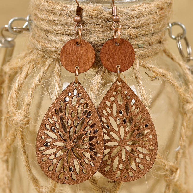 Wholesale  Bohemian Style  Retro Hollow Water Drop Wooden Leather Earrings