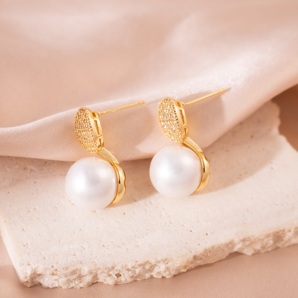 Wholesale Silver Needle Zircon Geometric Pearl Earrings