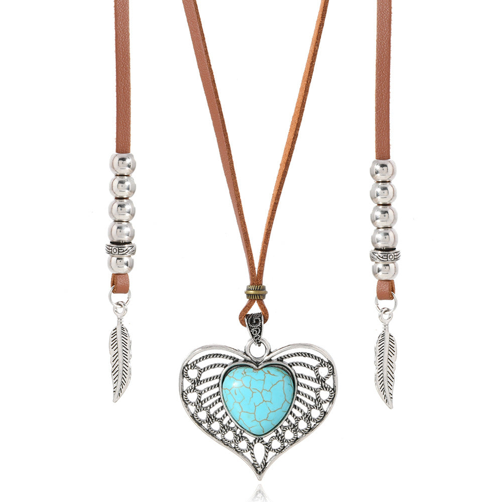 Wholesale Leather Western Vintage Turquoise Heart Necklace