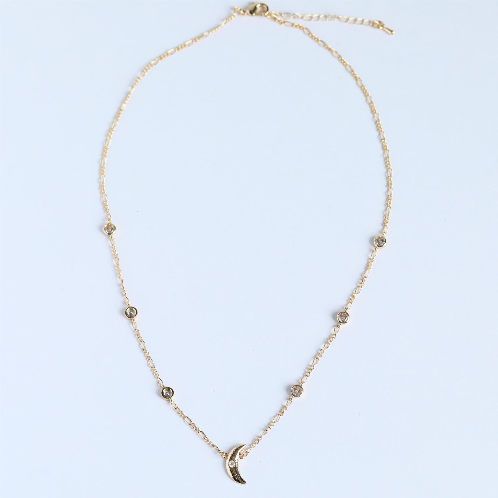 Wholesale Retro Style Star Moon Gem Starburst Necklace Copper Electroplated Real Gold Clavicle Chain