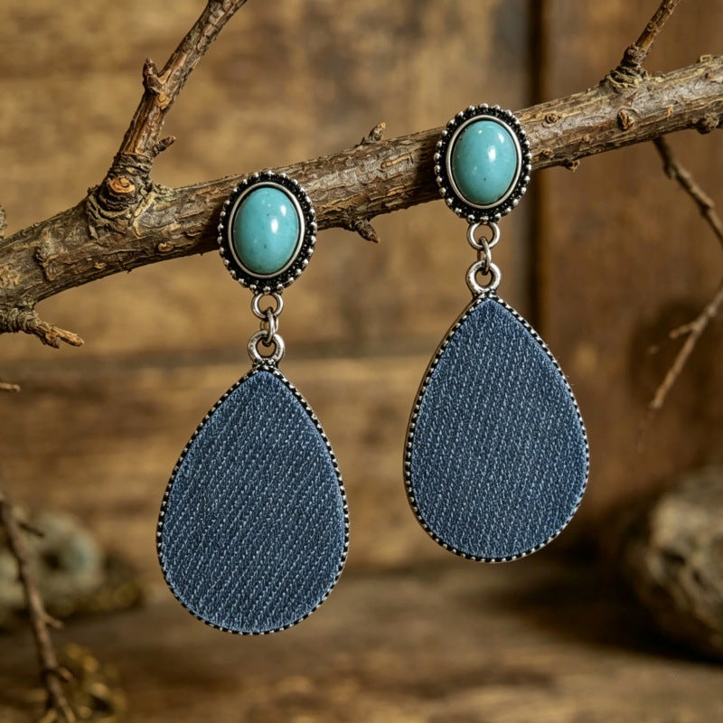 Wholesale Leather Vintage Western Bohemian Drop Earrings Turquoise Print Women' s Jewelry Accessory