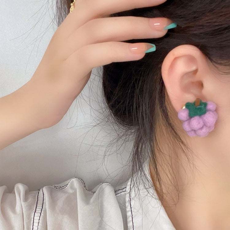 Wholesale sheep wool plush purple grape earrings