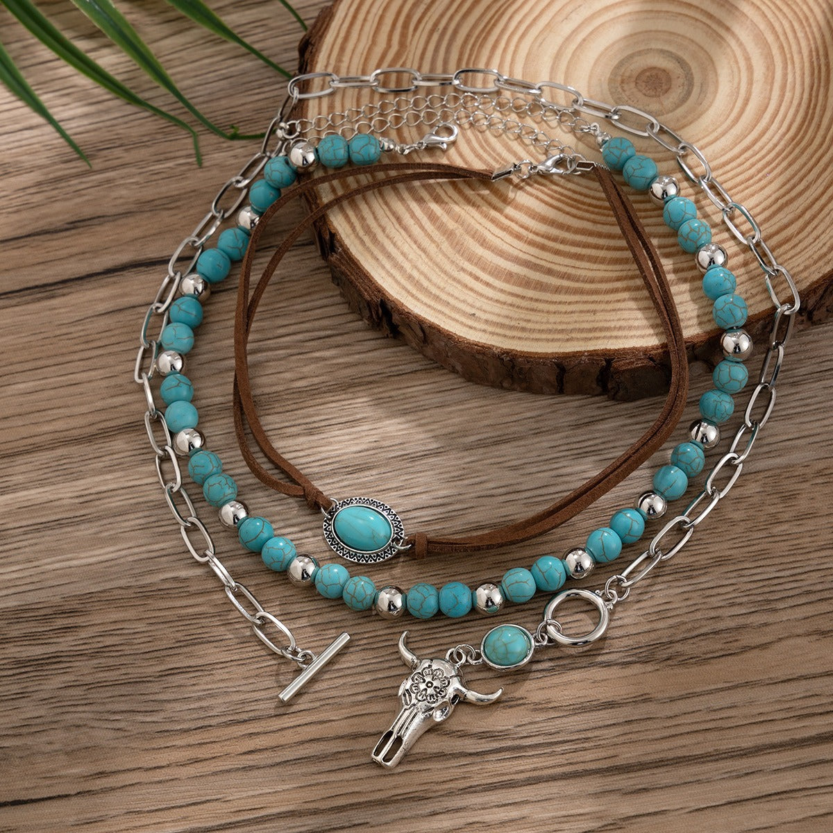 Wholesale Metal Bull Head Pendant Necklace Set with Natural Stone Accents,  Layered Chain,  Fashion Accessory for Women