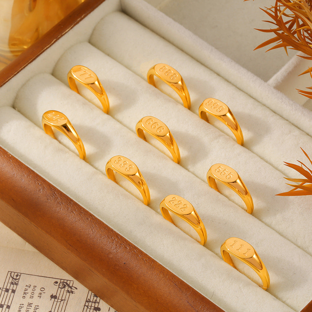 Wholesale Titanium Steel 18K Gold Plated Oval Number Rings ACC-RS-OMK002