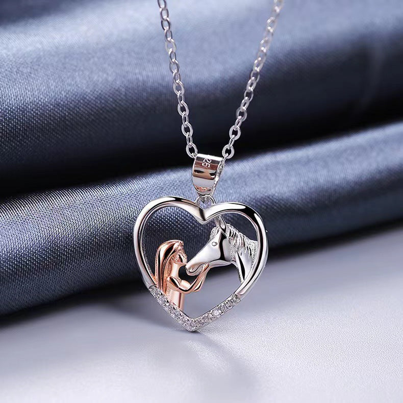 Wholesale  girl and horse color separation heart-shaped necklace