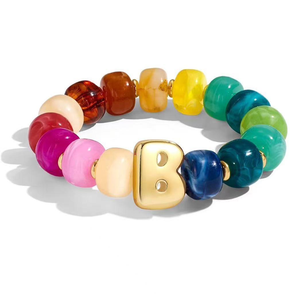 Wholesale 2026 Amazon Cross-Border Colorful Beaded 26 Letter Bracelet for Women,  Resin,  Fashionable and Unique,  High Elasticity Bracelet
