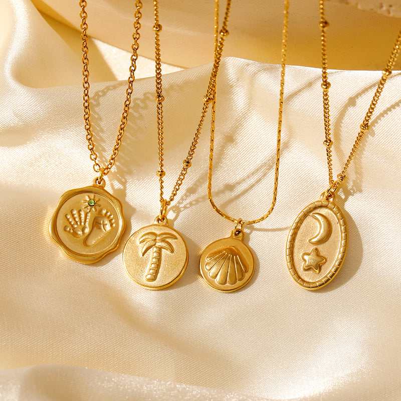 Wholesale Retro Pendant Star Moon Coconut Tree Stainless Steel 18K Gold  Necklace