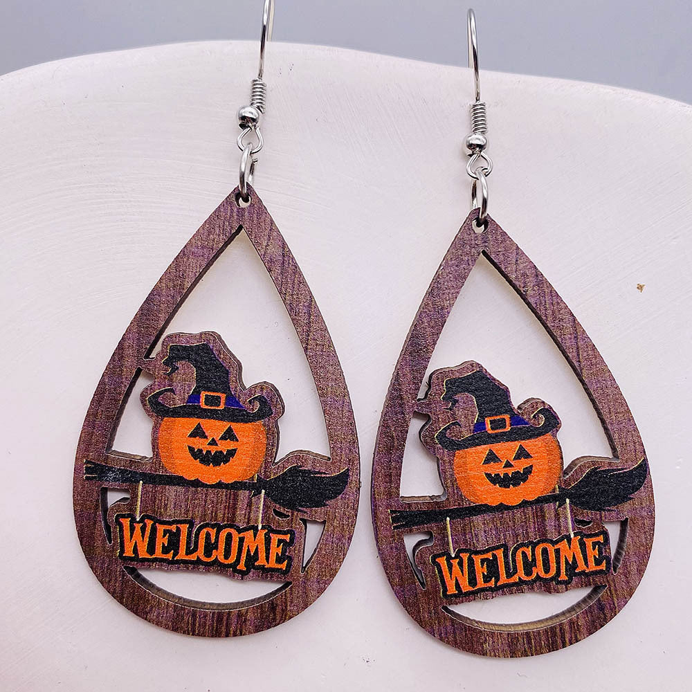 Wholesale Ghost Wooden Earrings Pumpkin Spider Skull Bat Water Drop Wooden Earrings