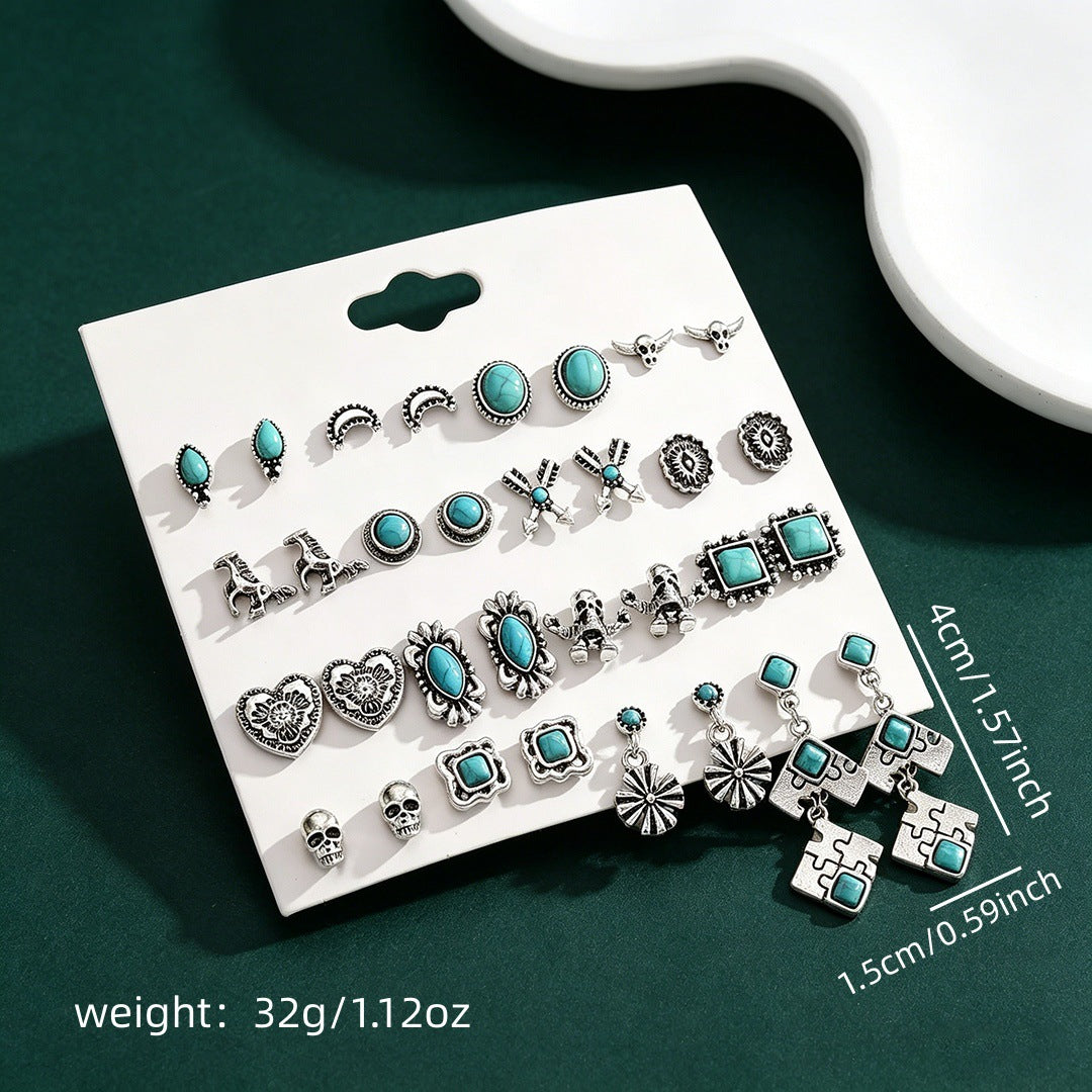 Wholesale Retro Inlaid Imitation Turquoise Earring Set Zinc Alloy Electroplated Fashion Accessory