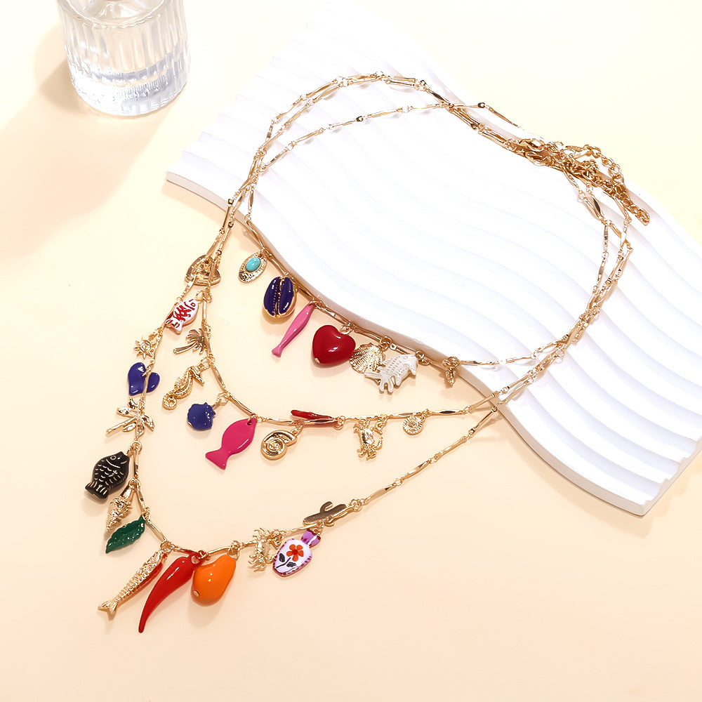 Wholesale Multi-Layer Stacked Heart Chili Fish Bead Clavicle Chain Necklaces