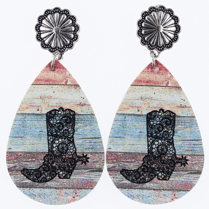 Wholesale Western Denim distressed cowboy boots cactus leather earrings