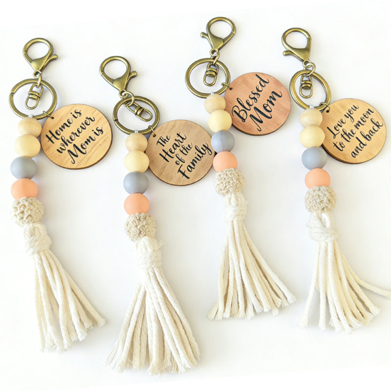 Wholesale 2pcs Beaded Tassel Wooden Keychain for Mother' s Day