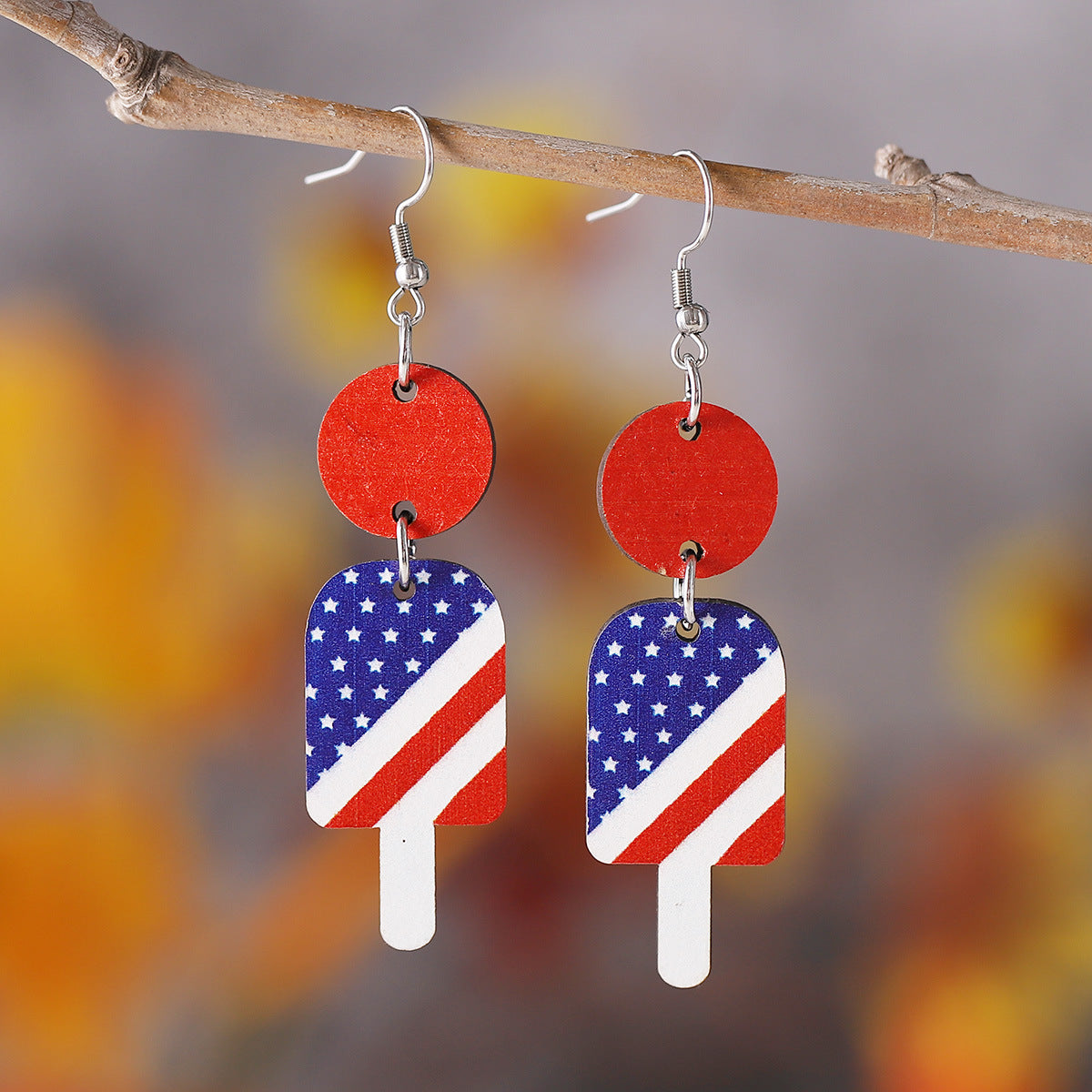 Wholesale of American Independence Day Red, White, Blue Striped Star Ice Cream Patchwork Wooden Double-sided Earrings ACC-ES-ChuLian009