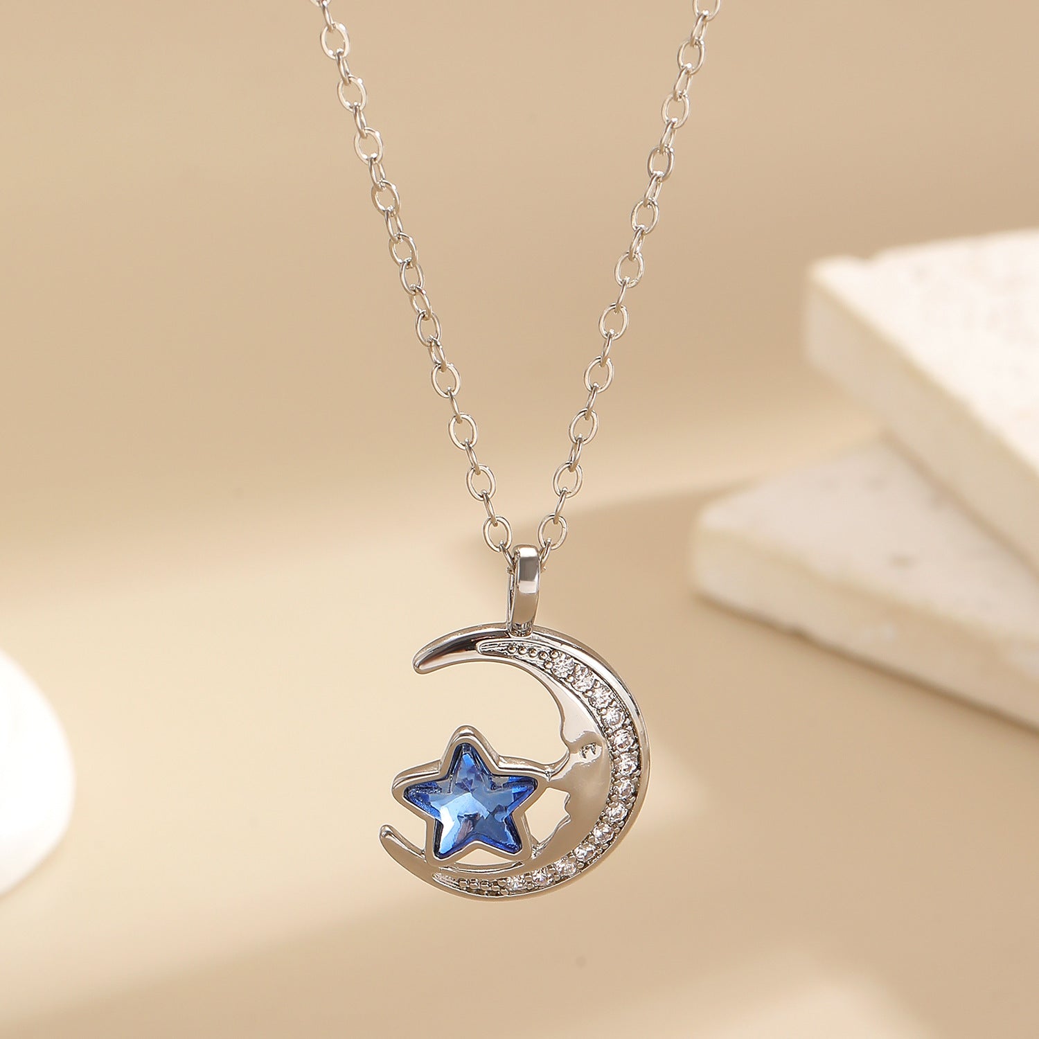 Wholesale Zircon Star and Moon Pendant Necklace