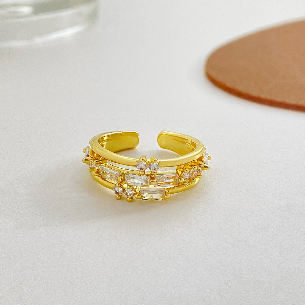 Wholesale copper inlaid zircon ring geometric open index finger ring