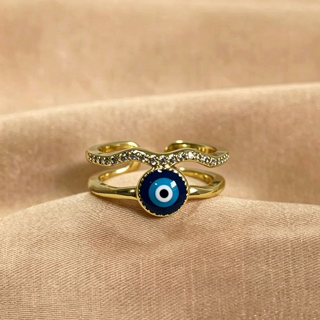 Wholesale 18K Gold Plated Brass Devil' s Eye Open Ring with Blue Zircon Jewelry Accessory