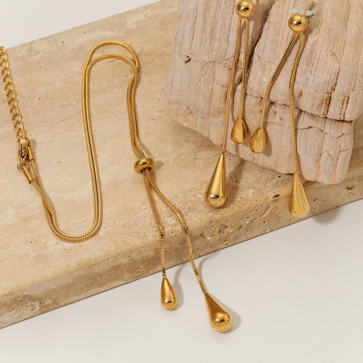 Wholesale  Stainless steel long water drop pendant necklace earrings suit