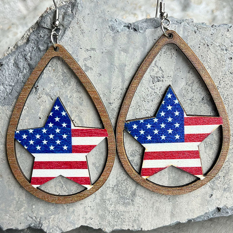 Wholesale wooden hollow water droplets US Independence Day earrings