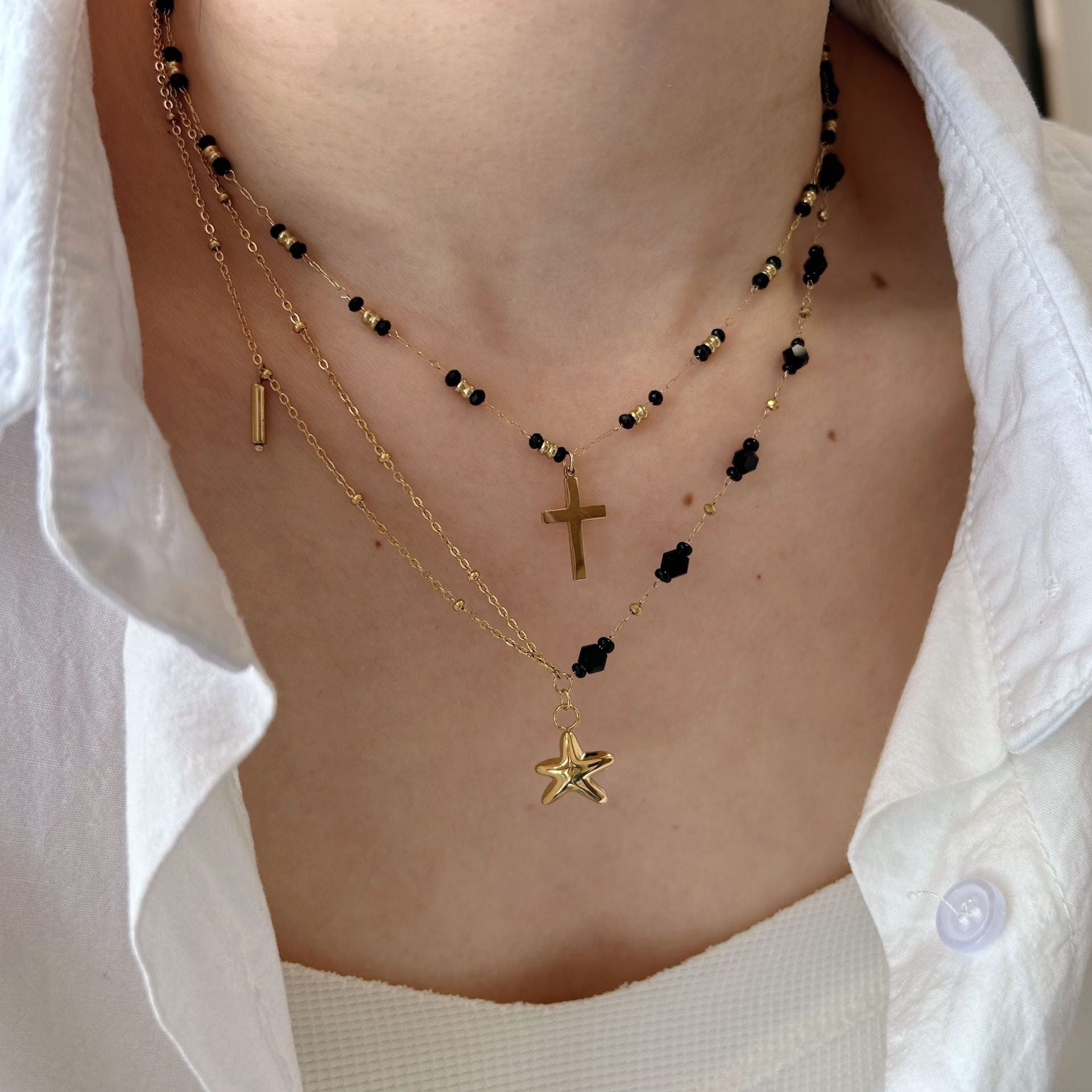 Wholesale Black Agate Bead Necklace Starfish Cross Love Pendant Stainless Steel Jewelry