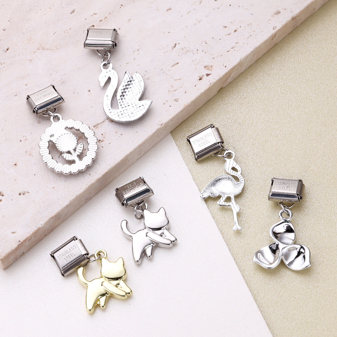 Wholesale 10pcs Tulip Cat Swan Alloy Pendant Italian Module DIY Stainless Steel Bracelet Accessories