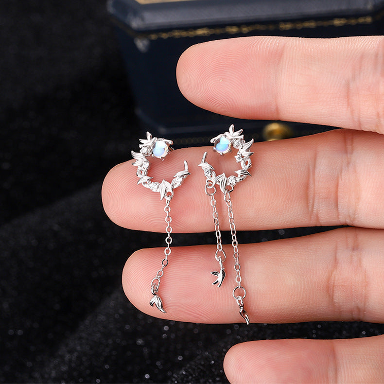 Wholesale S925 silver moonstone blue eucalyptus and bird earrings
