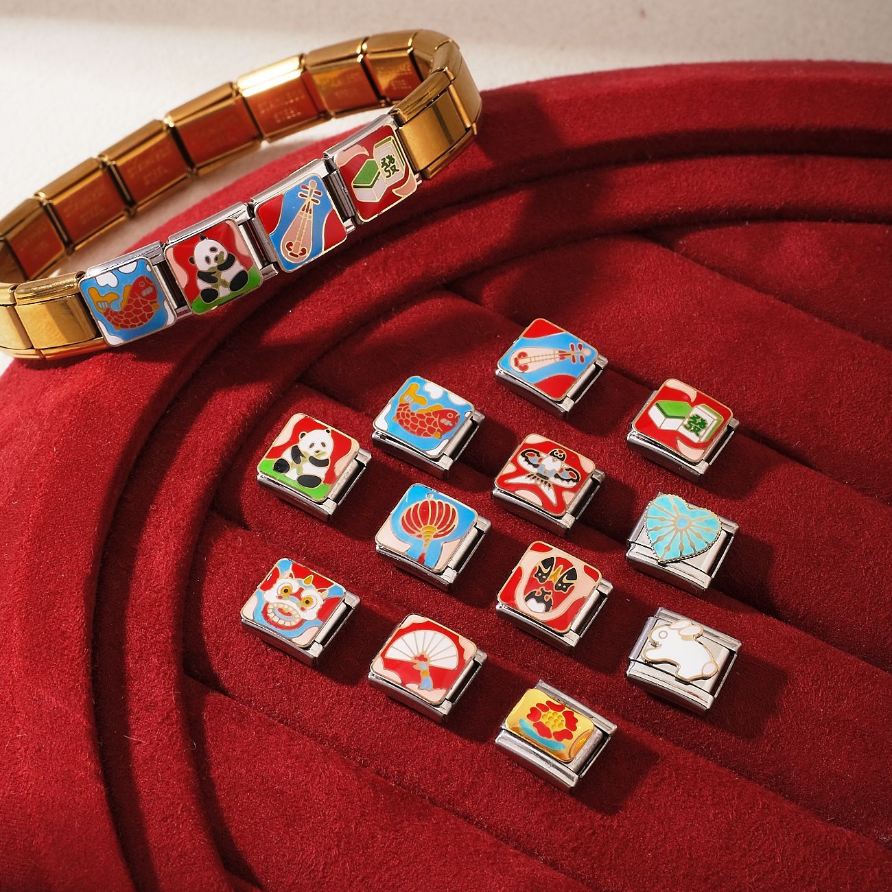 Wholesale Stainless Steel Electroplated Chinese Style Panda Lion Dance Koi Modular DIY Bracelet Charm Fashion Jewelry Gift