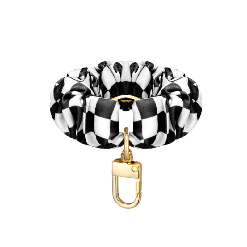 Wholesale Black White Checkered Pleated Alloy Phone Strap Keychain Lanyard Casual Gift