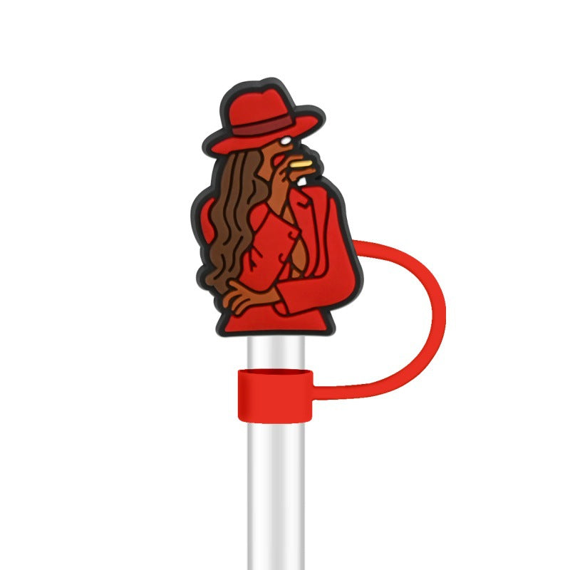 Wholesale 100pcs randomly black girl fashion series straw covers,  10mm soft silicone straw tube cap.