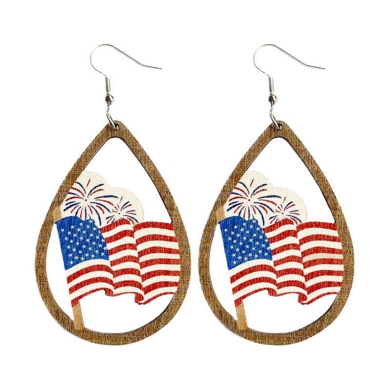Wholesale wooden hollow water droplets US Independence Day earrings