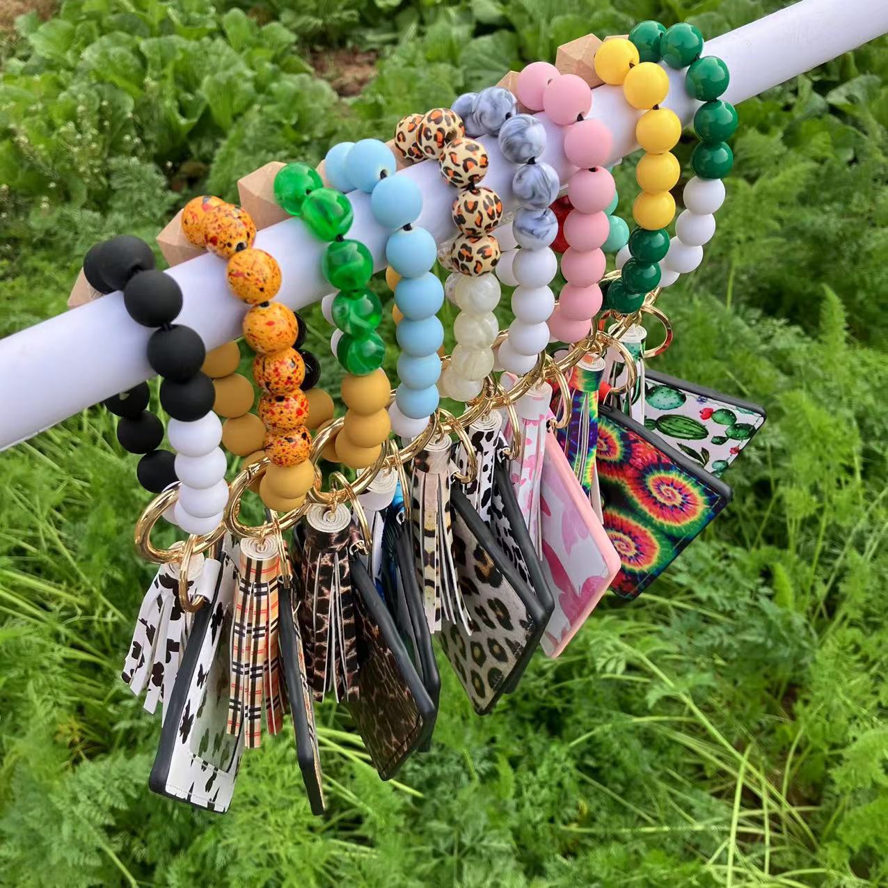 Wholesale Butterfly Leopard Cactus Tie Dye Card Holder Silicone Beaded Wristlet Keychain ACC-KC-QiuXue015