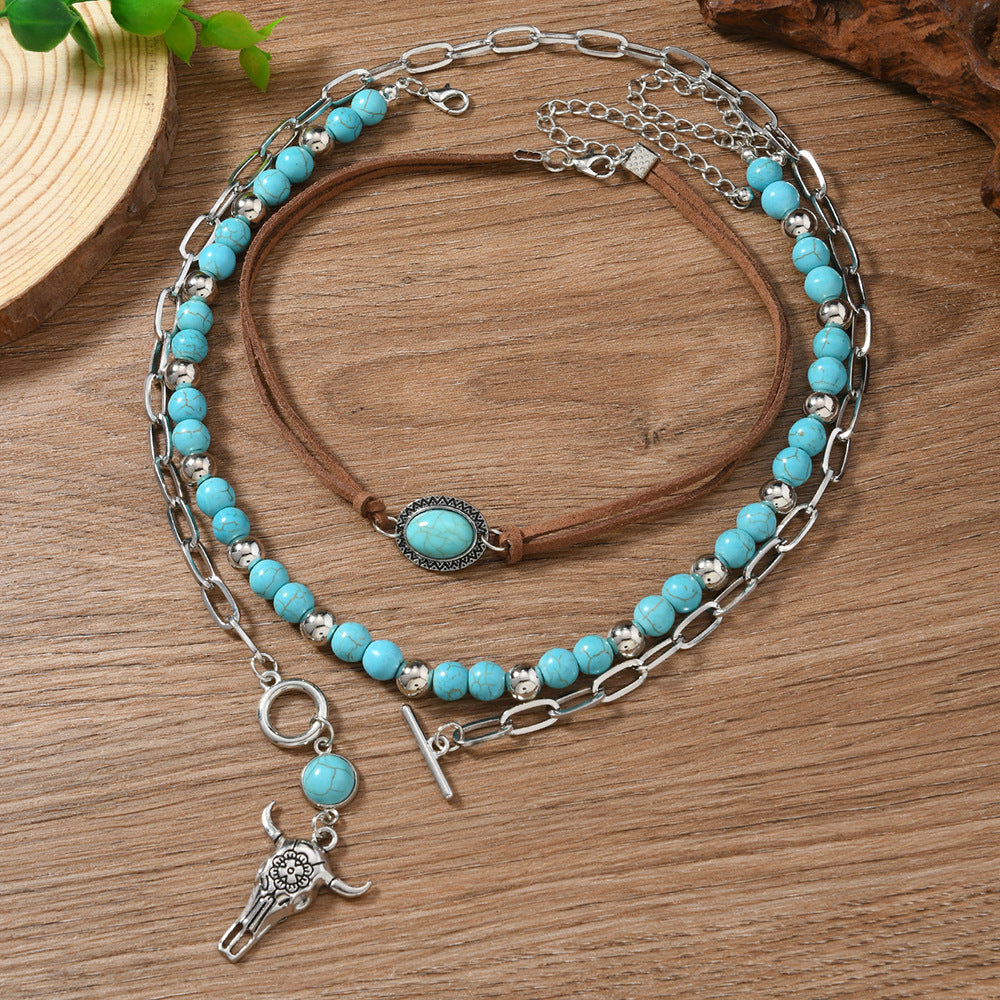 Wholesale Blue Turquoise Geometric 3-Piece Necklace Set Chain Pendant Boutique Resale