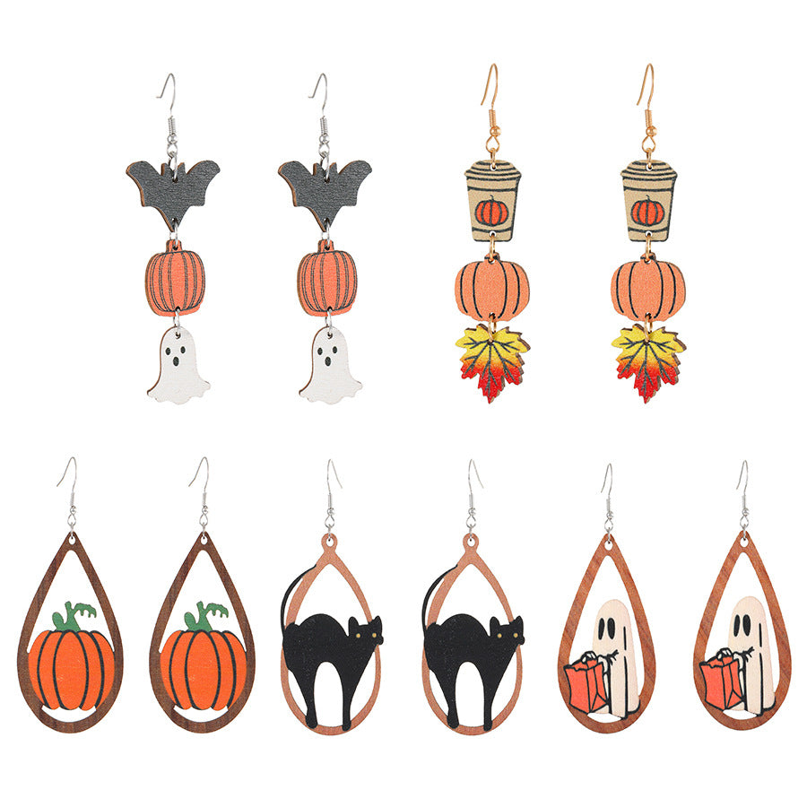 Wholesale Wooden  Earrings Funny Pumpkin Maple Leaf Ghost Design Party Wear Fashion Accessory