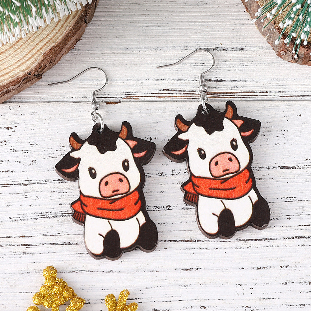 Wholesale Christmas cute red f cow pendant earrings wooden double-sided daily earrings